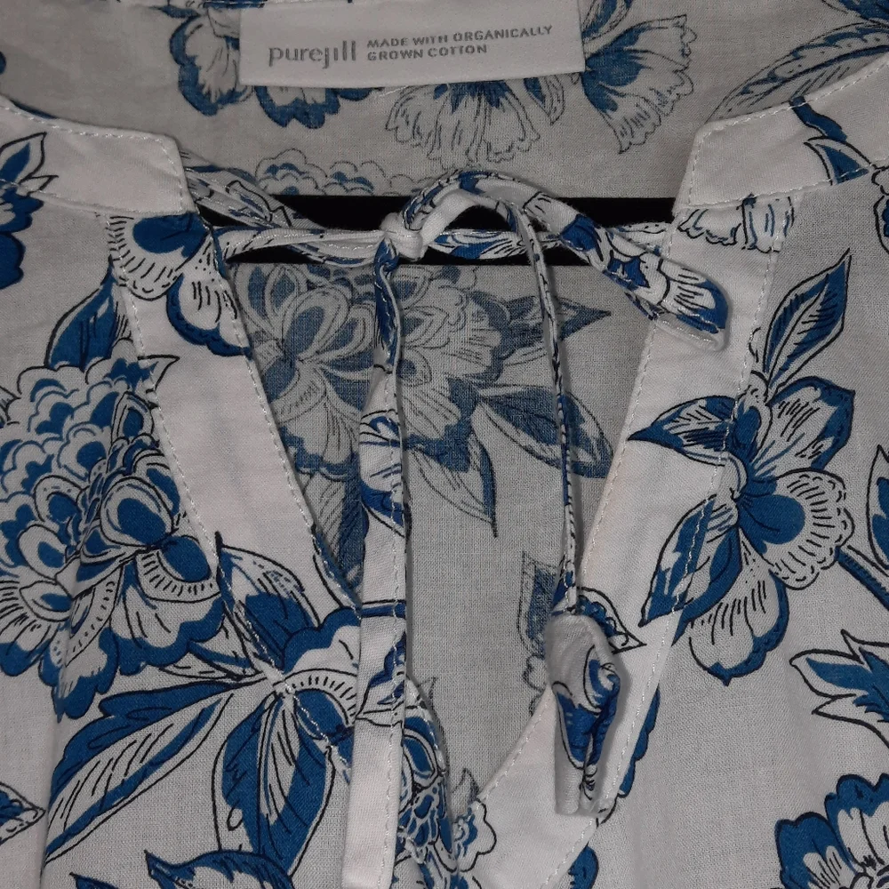 J.JILL Floral Cabana Dress Blue & White Boho Beach Organic Cotton Resort Vacay M - Picture 11 of 12